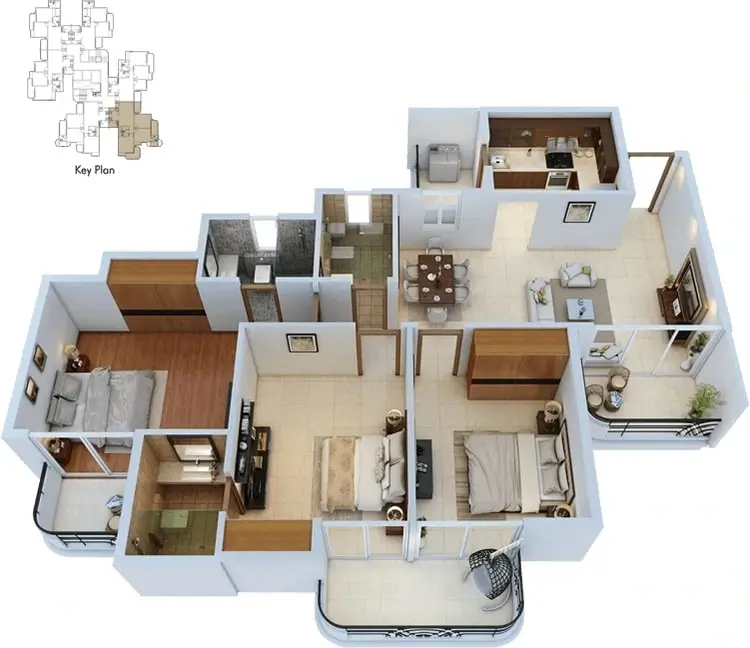 3bhk-3toilets-isometric-view